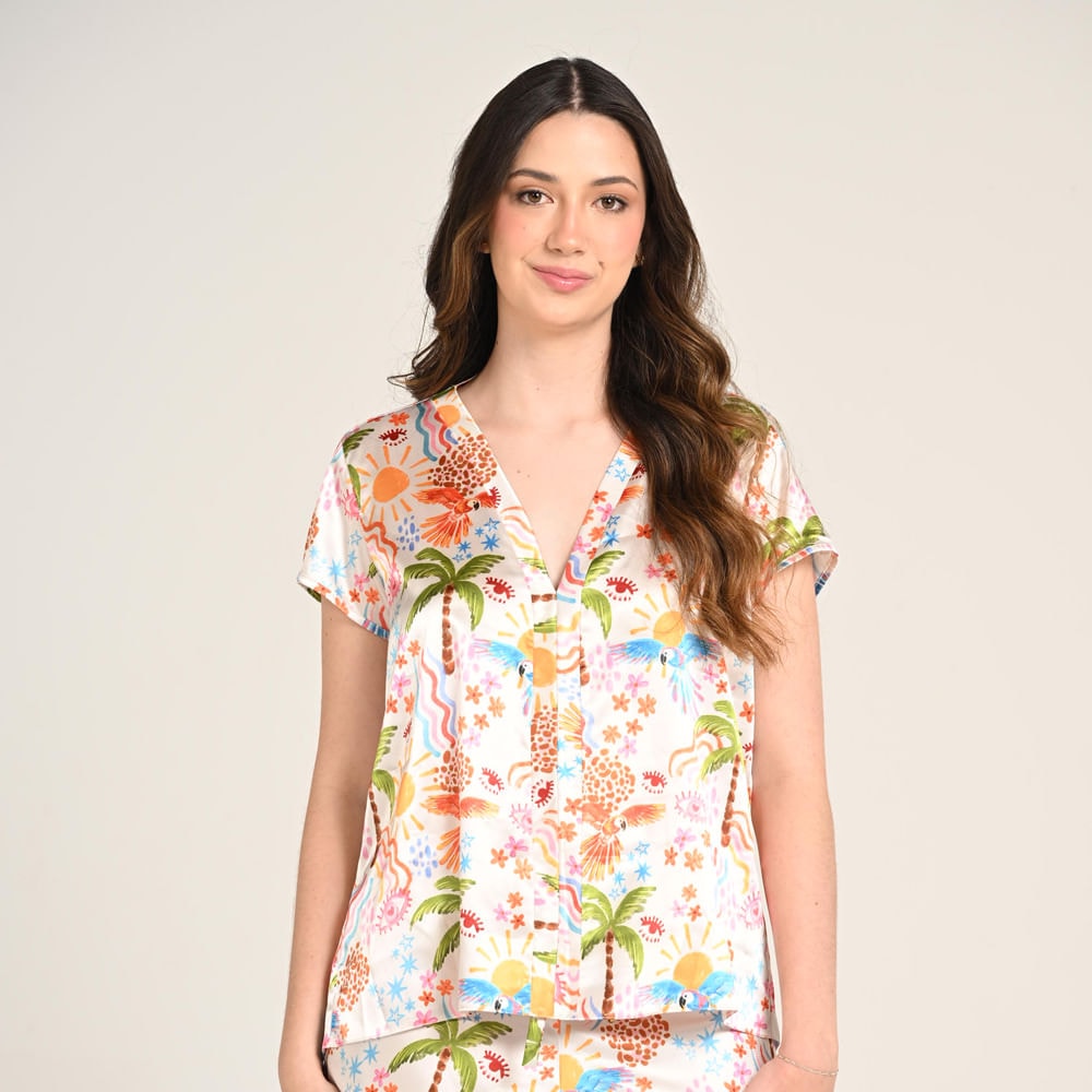 Camisa Pijama Manga Corta Satín Mujer Estampado Playa con Fondo París. - imagen 1