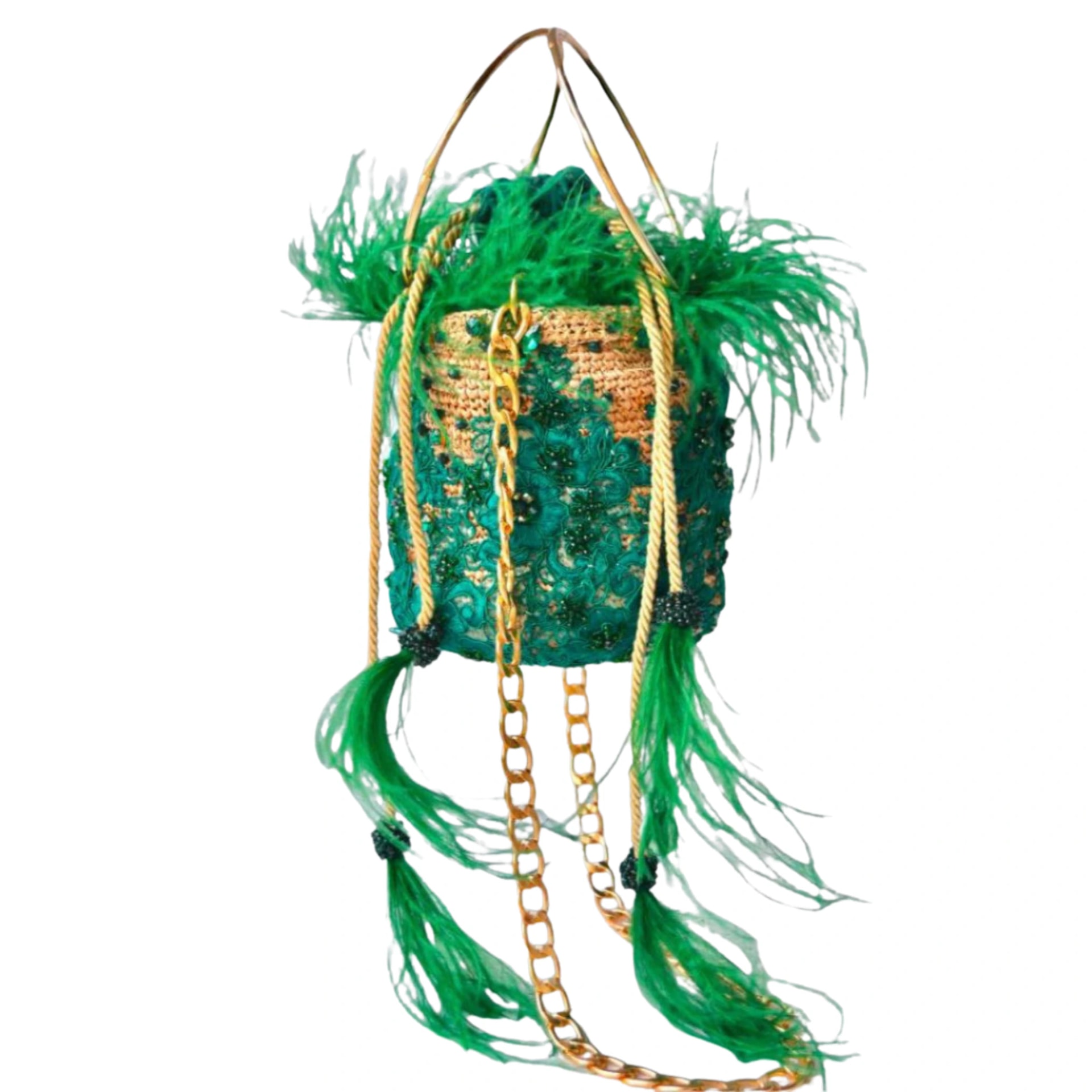 Green Feather Embellished Bucket Bag - imagen 1
