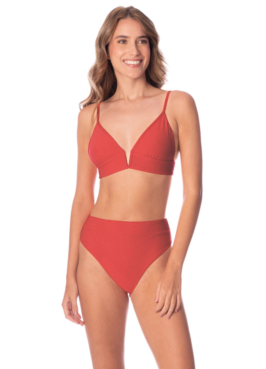 Maaji Red Camelia Parade Long Line Triangle Bikini Top - imagen 1