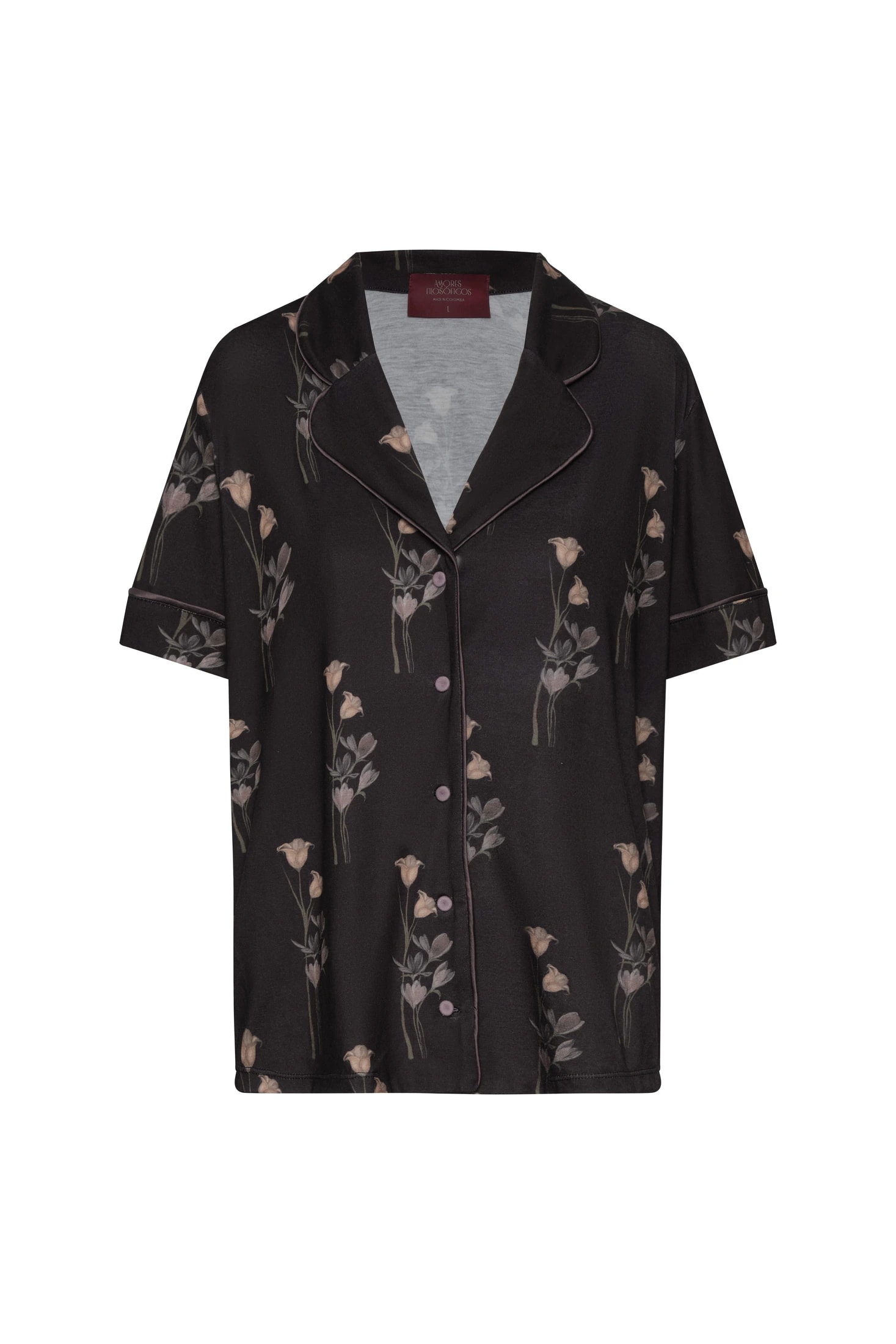 PIJAMA MANGA CORTA + PANT FLORES BLACK - imagen 1