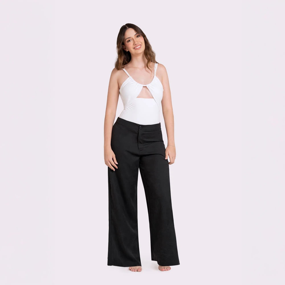 Pantalón Negro Bota Recta Cintura Media sin Bolsillos - imagen 1