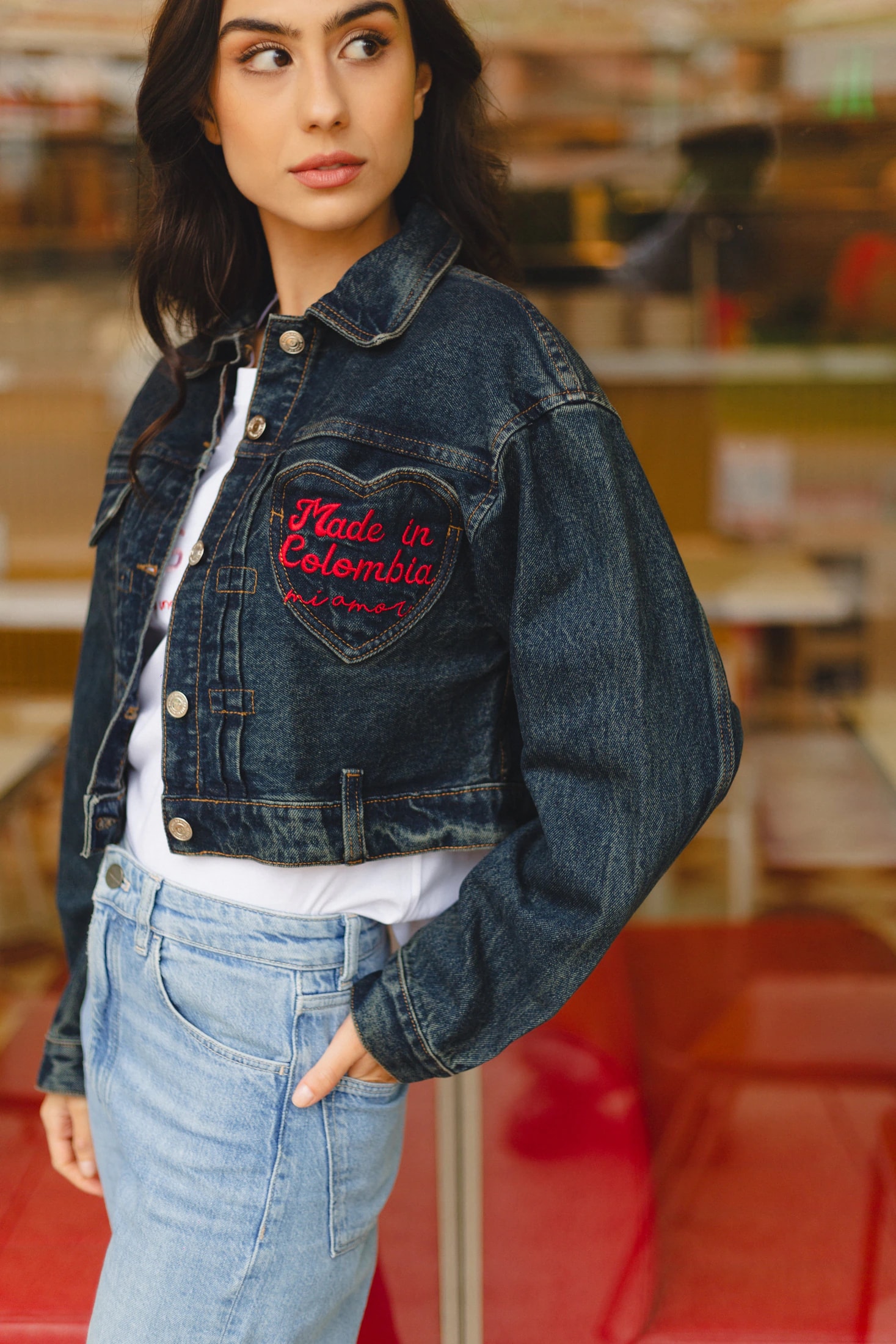 Made In Colombia Mi Amor Embroidered Denim Jacket - imagen 1
