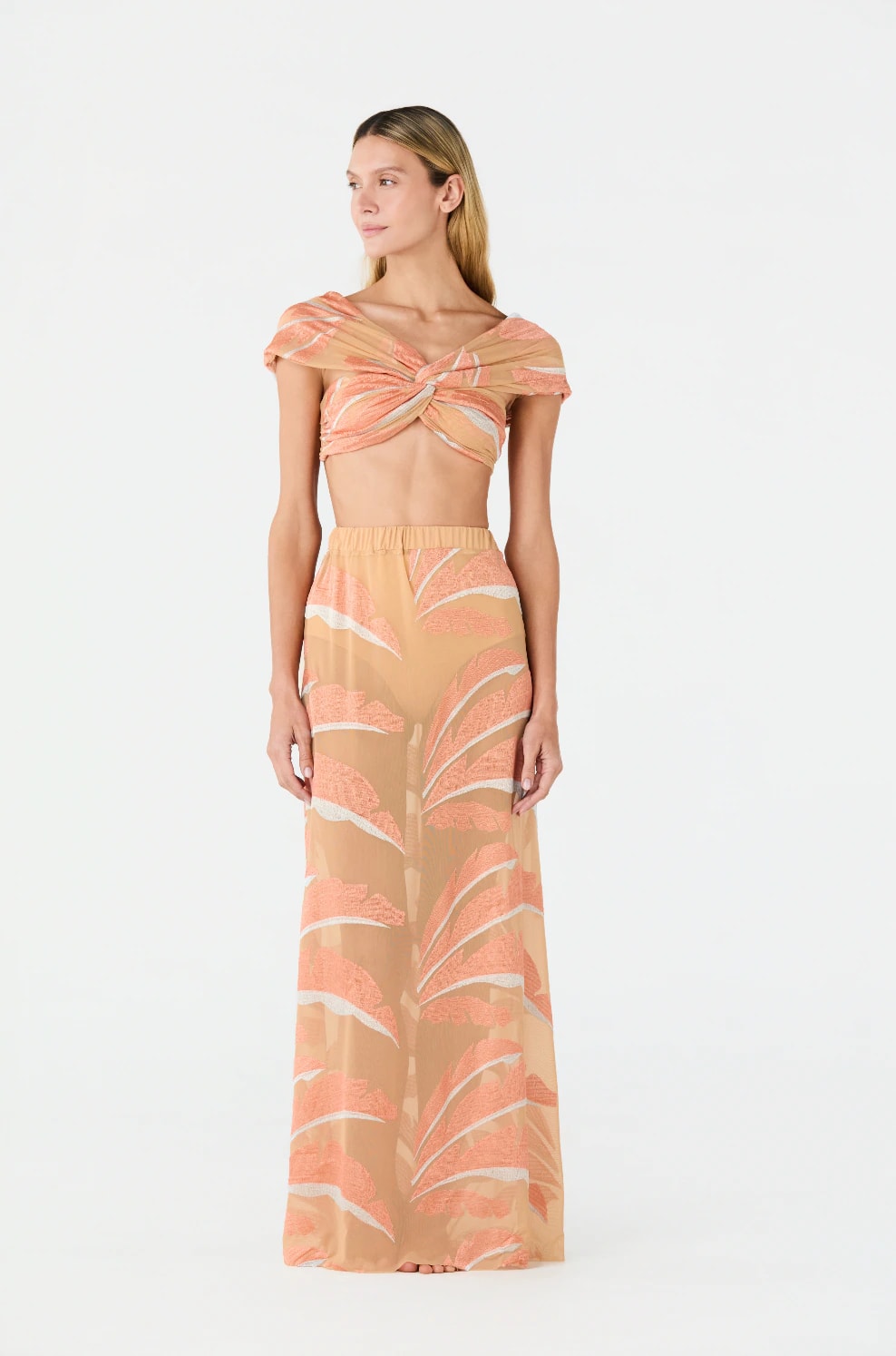 Solana Embroidered Mesh Maxi Skirt / Peach Palms - imagen 1