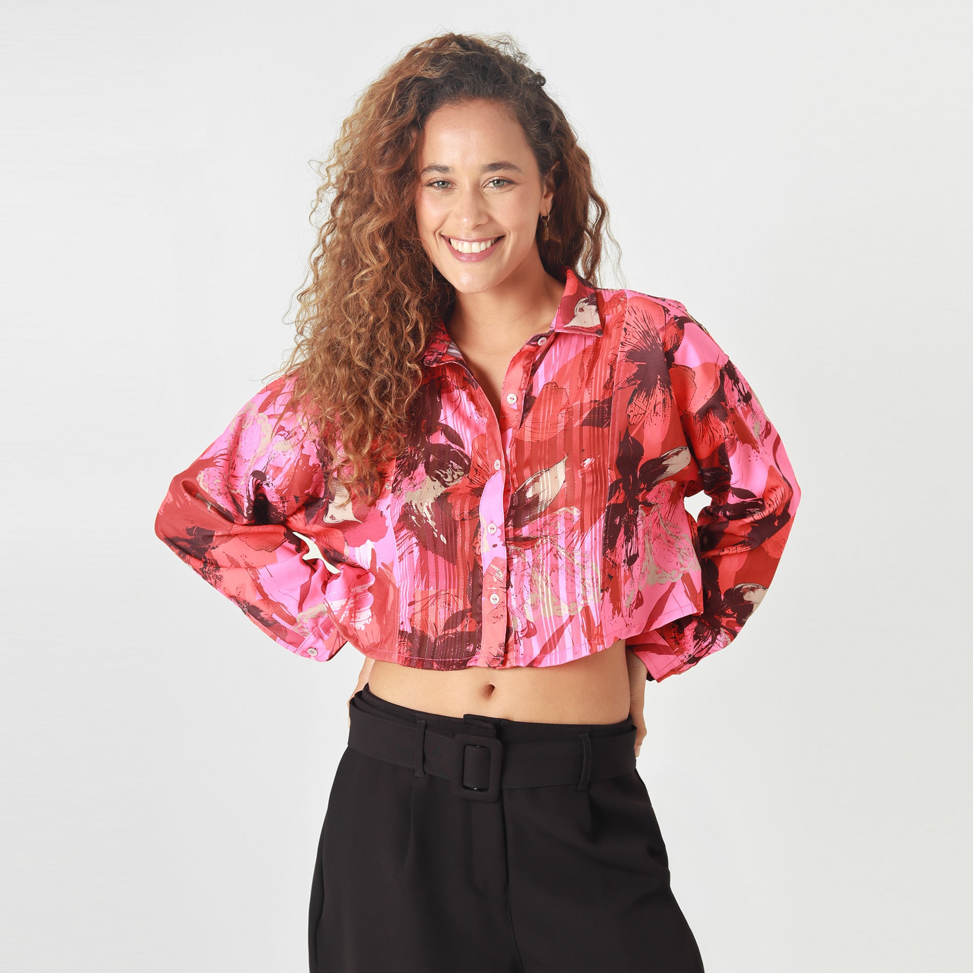 Blusa Crop Cuello Camisero Manga Larga - imagen 1