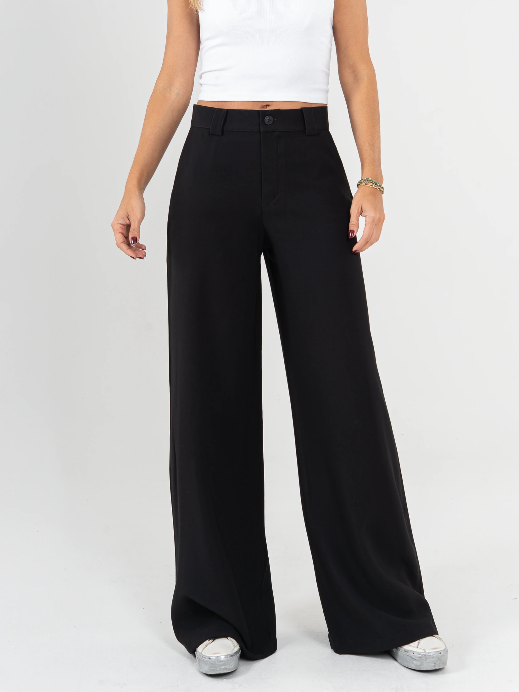 Ref: 0620601 Pantalón palazzo, tejido plano liviano, tiro alto, tono negro - imagen 1