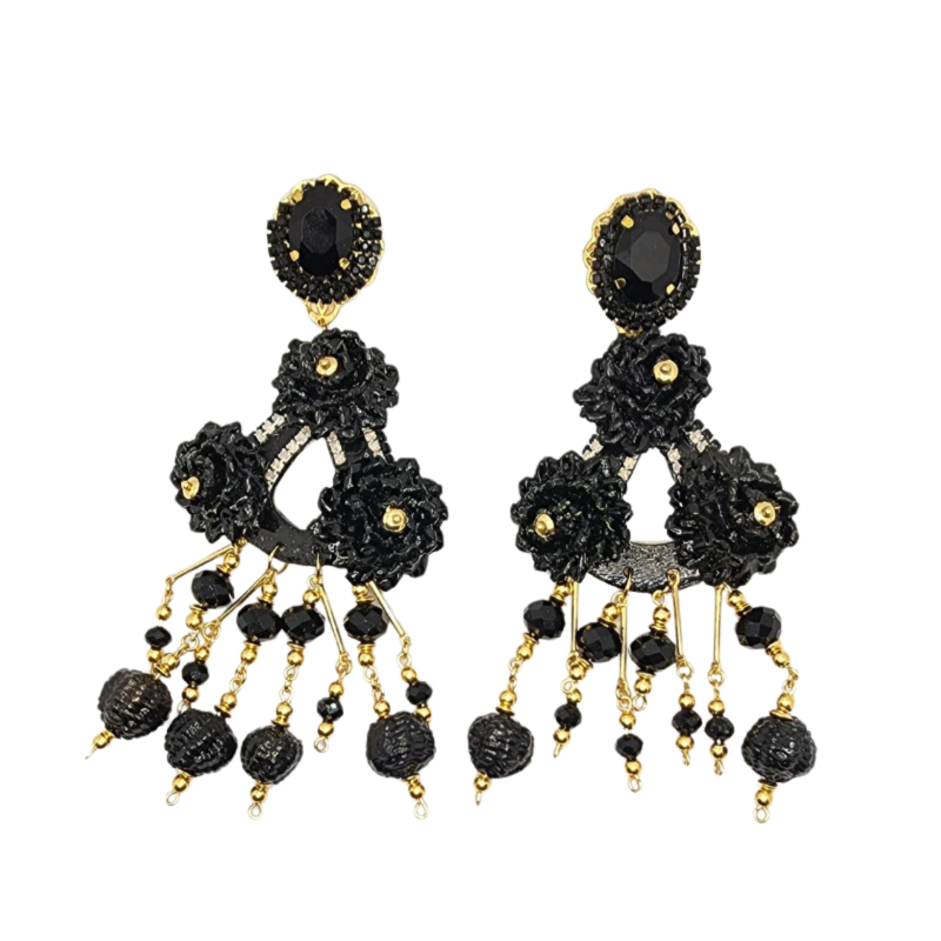 Fiber Oval Flower Black Earrings - imagen 1