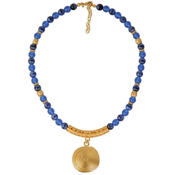 Collar Cristal Checo Azul 8mm, Dije Mediano Pectoral Quimbaya - imagen 1