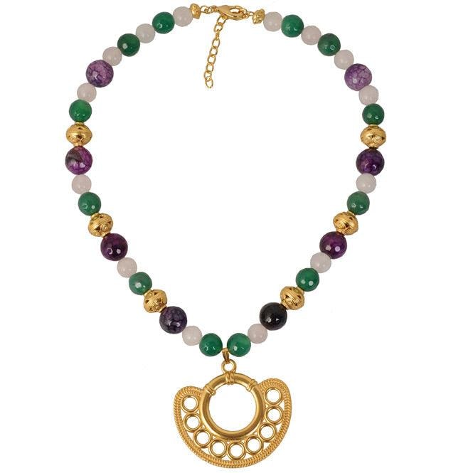 Collar Piedra Semipreciosa Ágatas Morada y Verde, Cuarzo Rosado y Dije Extragrande Nariguera Filigrana Simple Sinú - imagen 1