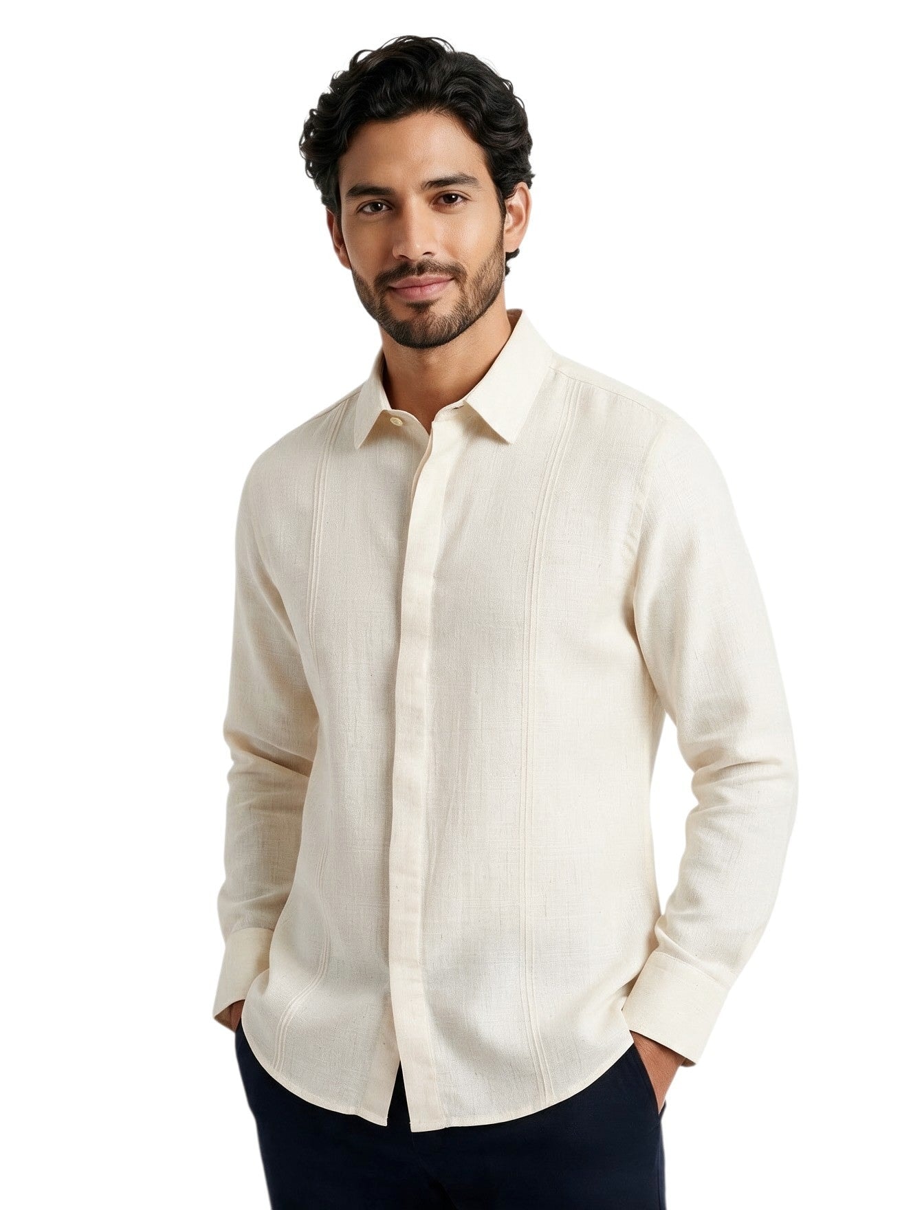 Guayabera beige con botones ocultos - imagen 1