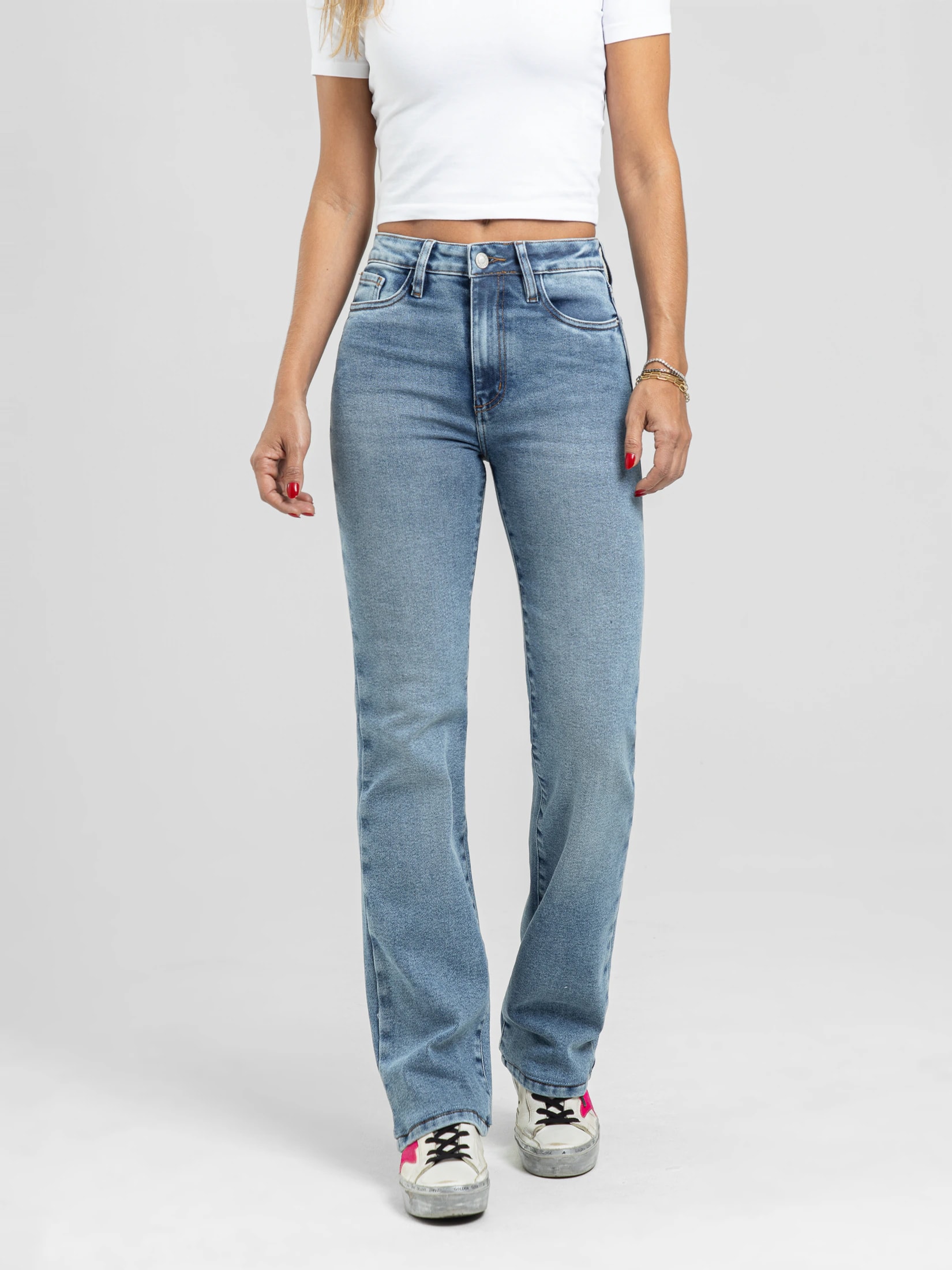 Ref: 066399 Jean straight leg, stretch, tiro alto, tono azul medio - imagen 1