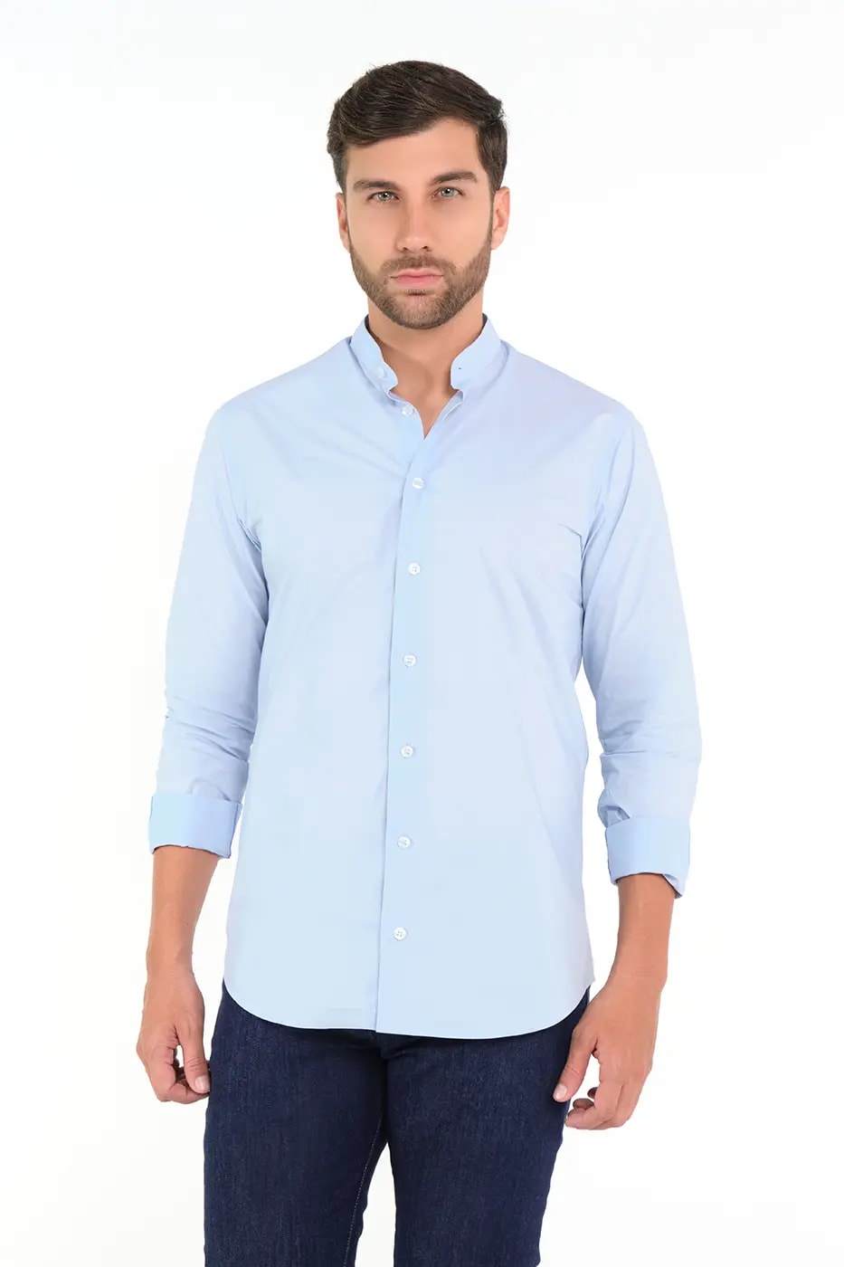 Camisa Cuello Nerú Slim Fit 100% Algodón Azul Claro - imagen 1