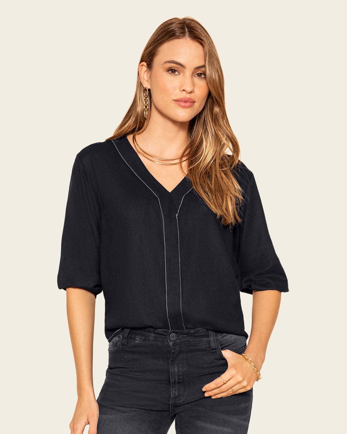 Blusa manga 3/4 con escote en V en espalda - imagen 1