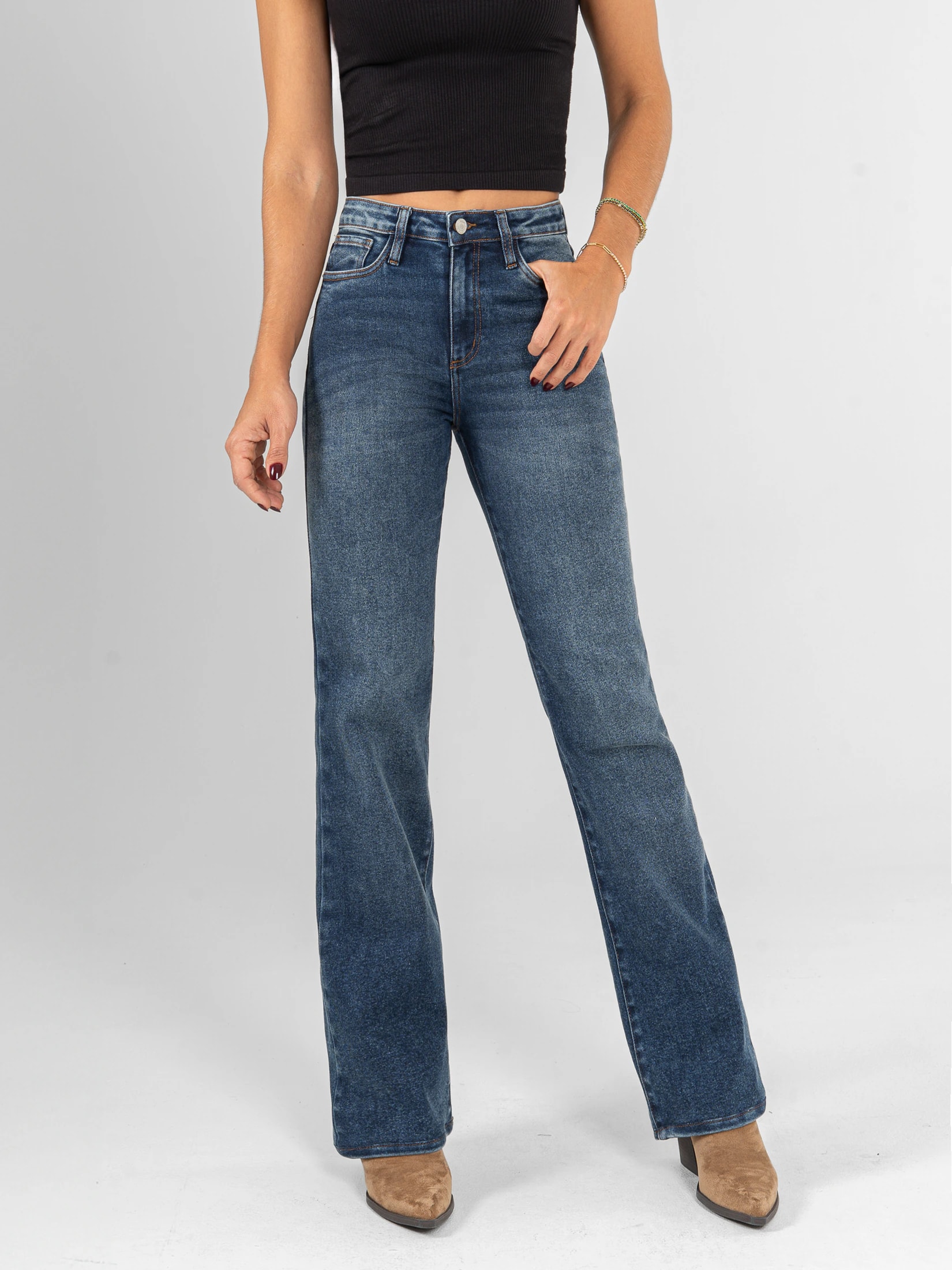 Ref: 066193 Jean straight leg, stretch, tiro alto, tono azul medio - imagen 1