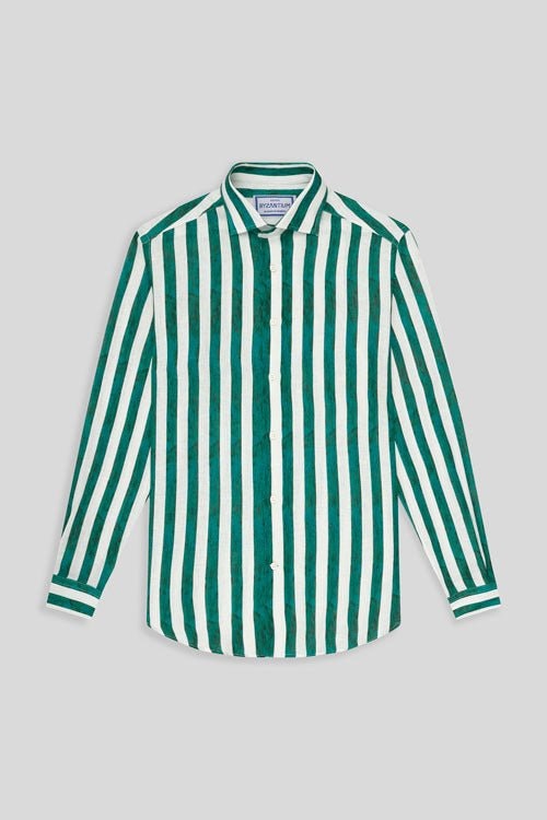 Men's linen shirt green faded striped - imagen 1
