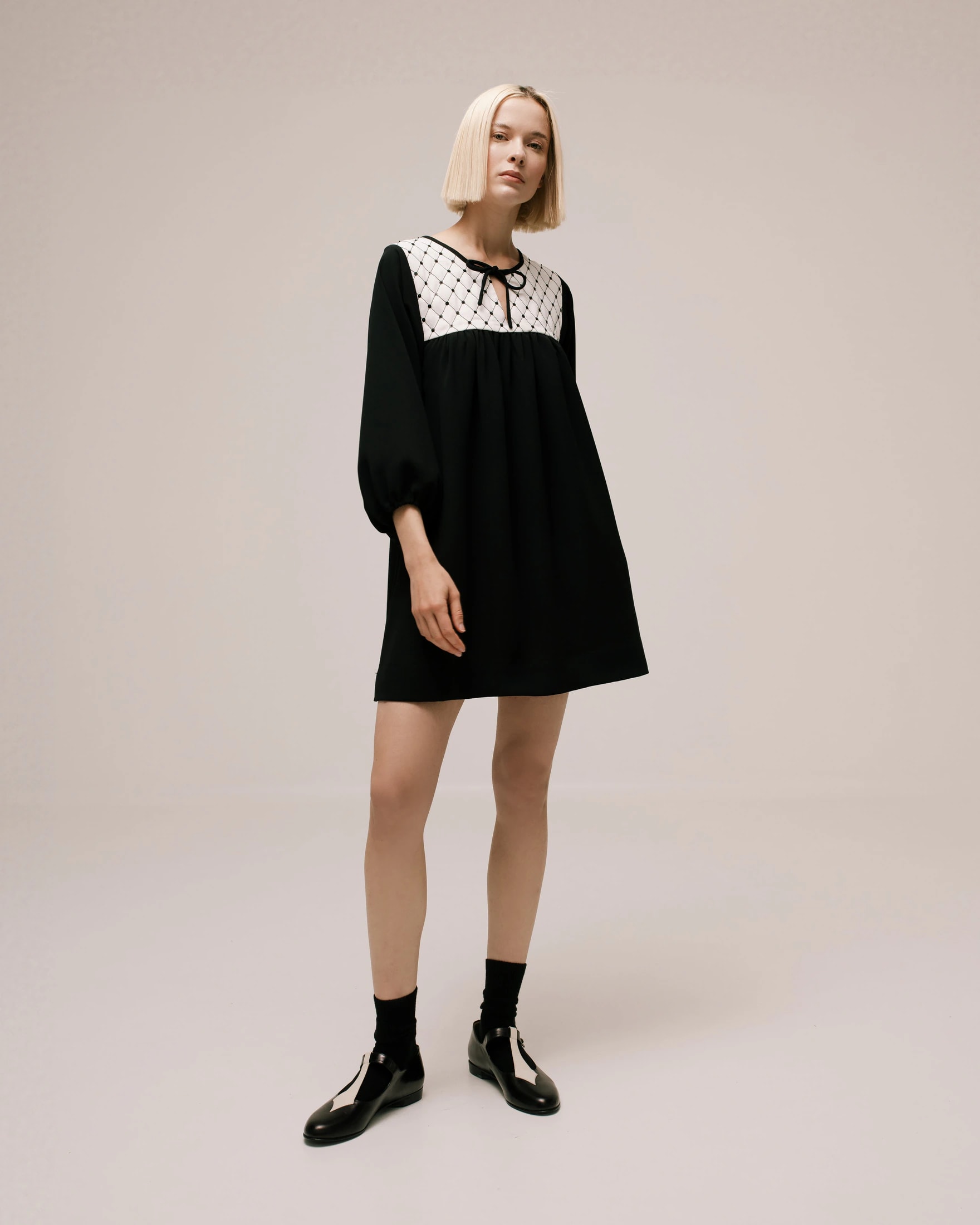 Quilted-Front Puff-Sleeve Cady Mini Dress - imagen 1