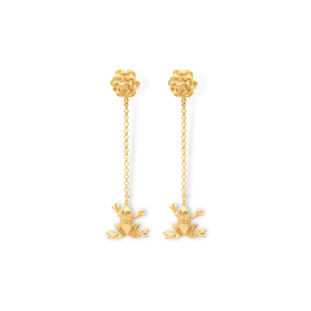 Aretes largos con flor de loto y rana pequeña - imagen 1