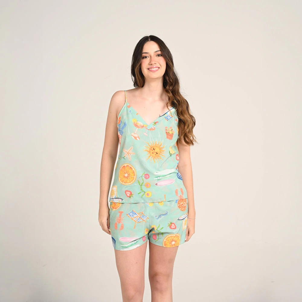 Conjunto Pijama Camisa Manga Corta y Short Mujer Estampado Verano. - imagen 1