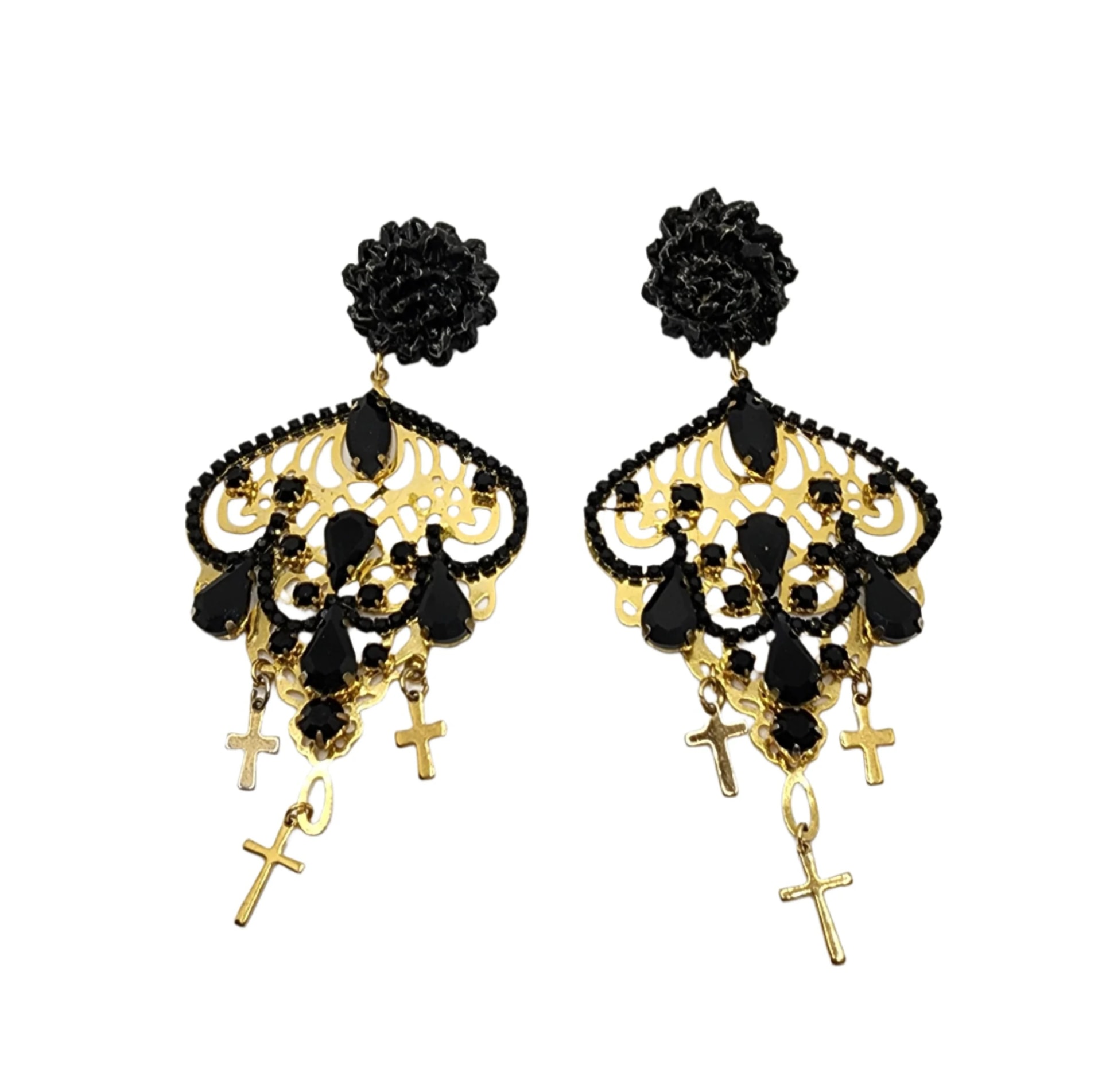 Black Fiber & Gold Cross Earrings - imagen 1