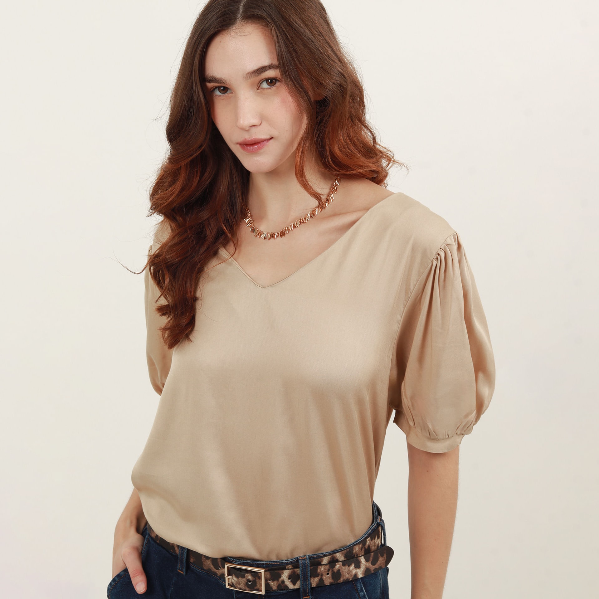 Blusa cuello en v manga corta globo - imagen 1