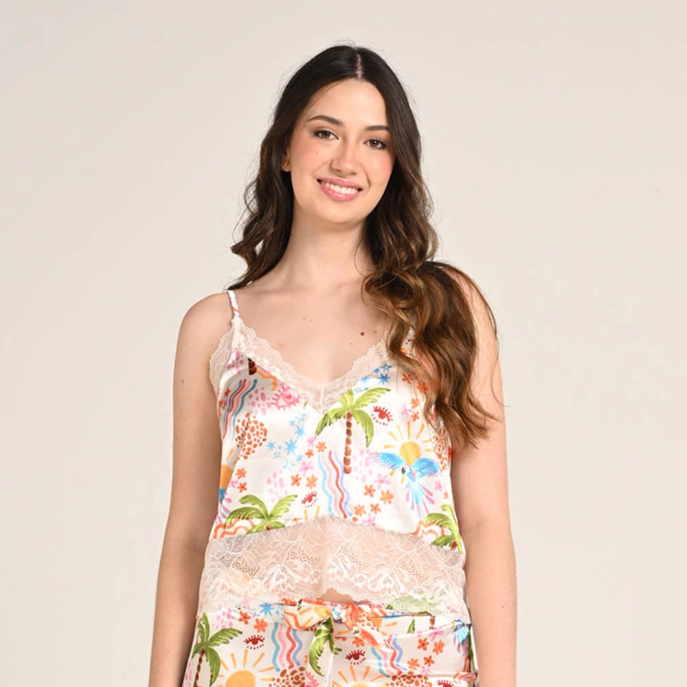 Blusa Pijama Satín de Tiras con Encaje Mujer Estampado Playa. - imagen 1