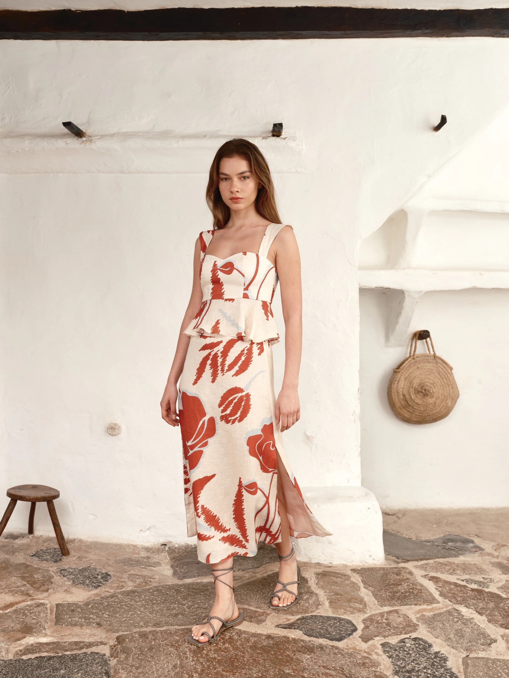 Beatrice Linen Midi Skirt / Ecru - Orange Gladiolos - imagen 1