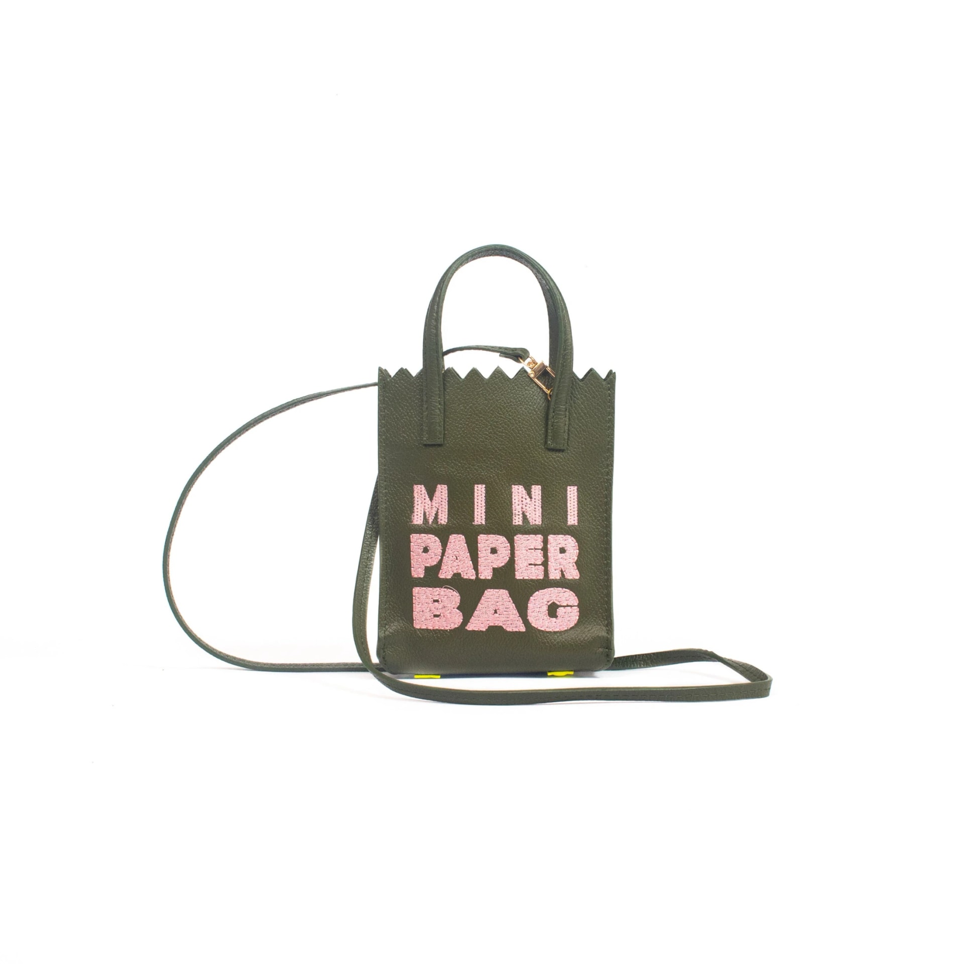 Mini Paper Bag - Olive Green - Pink Embroidery - imagen 1