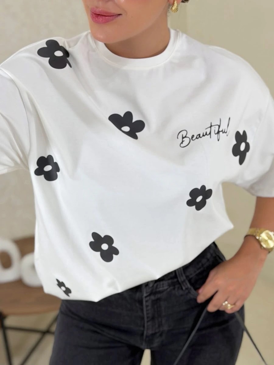 Camiseta oversized flores crudo - imagen 1