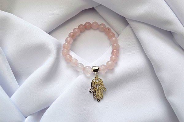 Pulsera Cuarzo Rosa dije mano hamsa - imagen 1