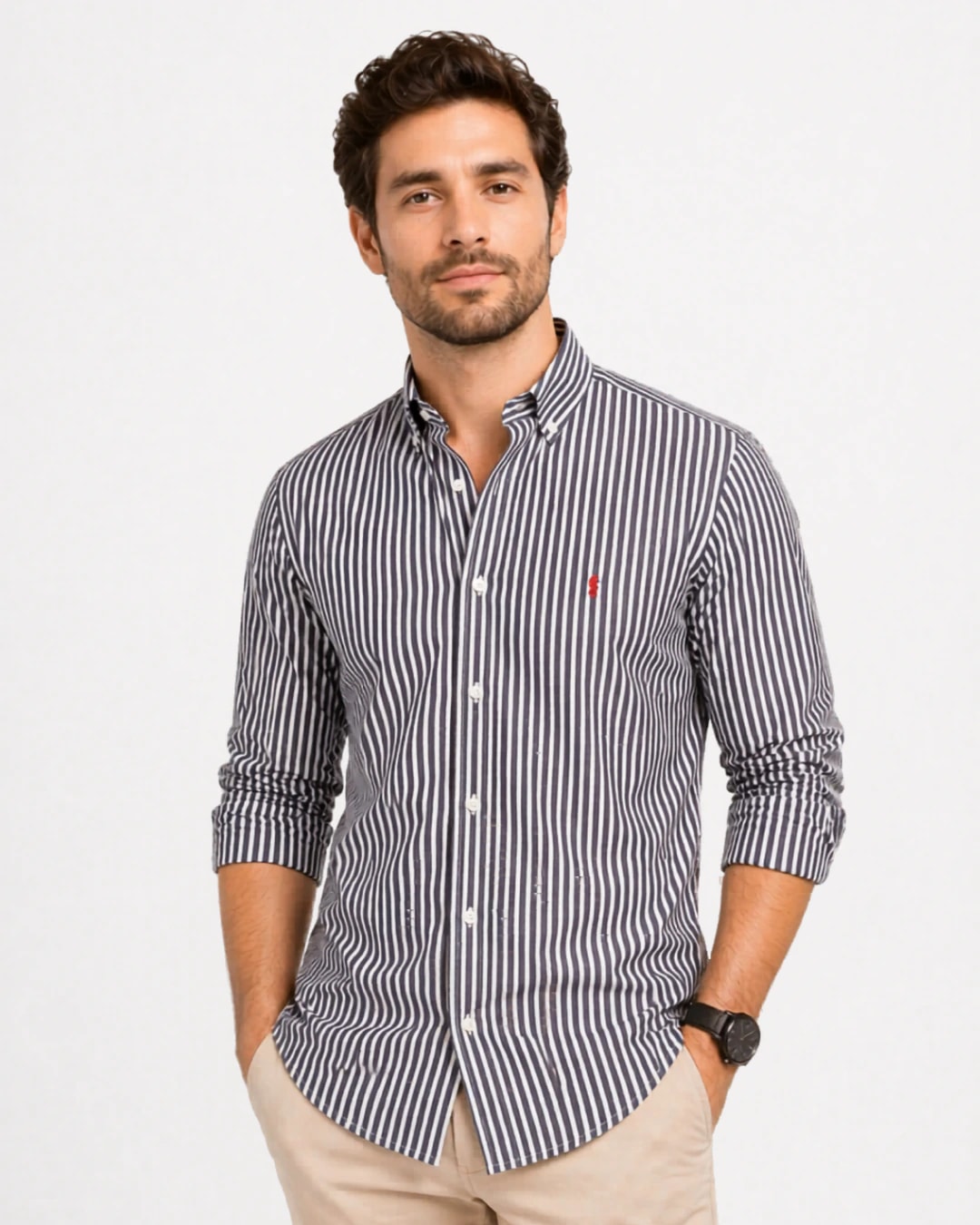 Camisa 100% Algodón Manga Larga Azul Oscuro Rayas Blancas - imagen 1