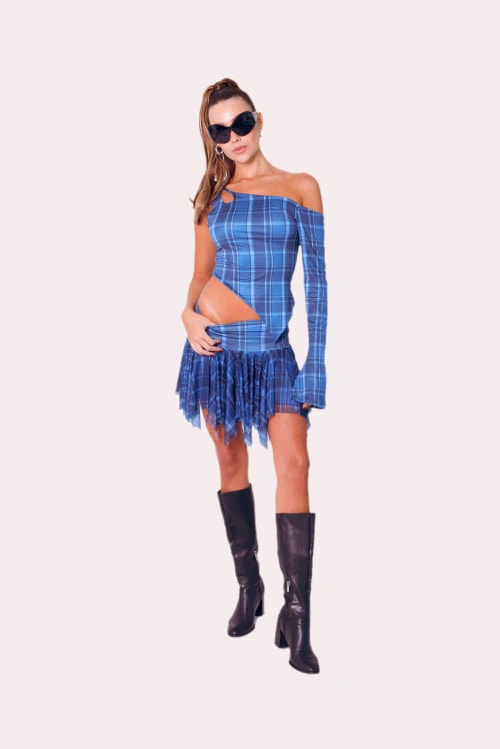 One Side Top In Blue Tartan - imagen 1