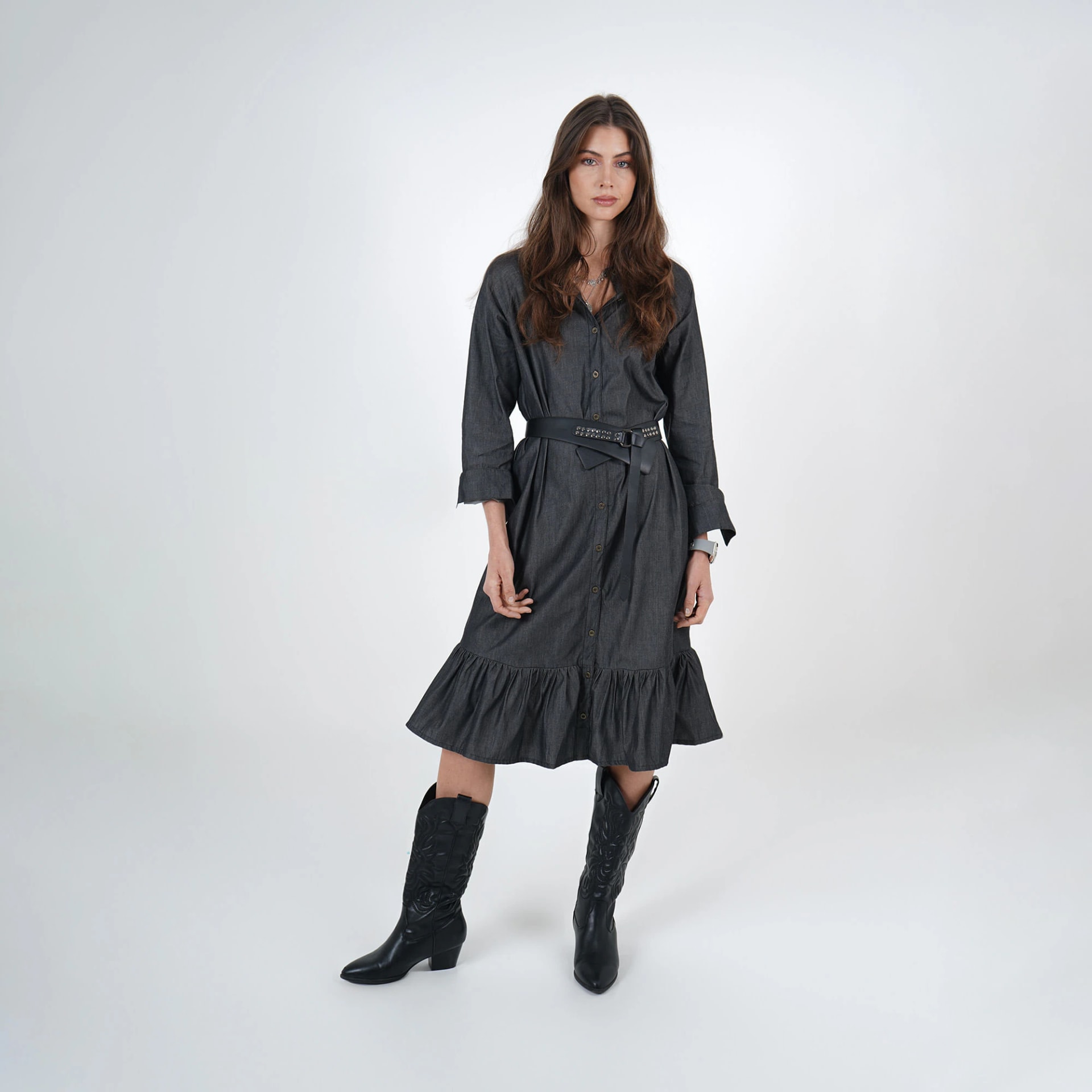 Vestidi midi camisero en denim con lazo - imagen 1