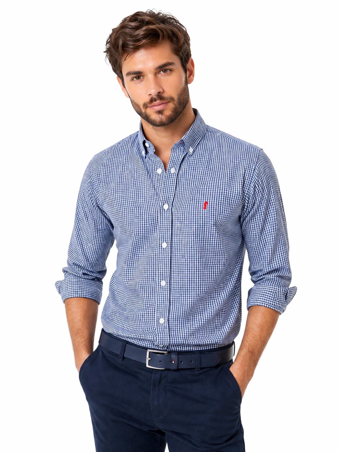 Camisa 100% Algodón Manga Larga Cuadros Azul Oscuro - imagen 1