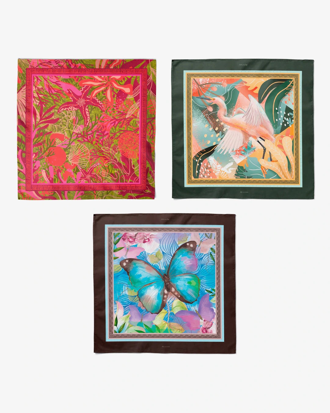 Pack de 3 pañoletas pequeñas (45x45cm) / Garza + Mariposa + Esencia oceánica - imagen 1