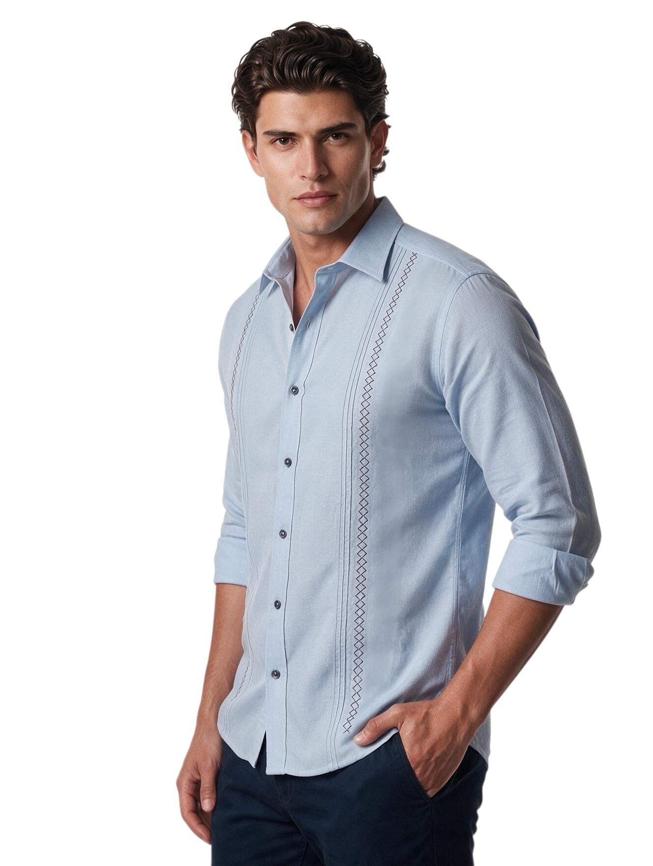 Guayabera azul manga larga con bordado - imagen 1
