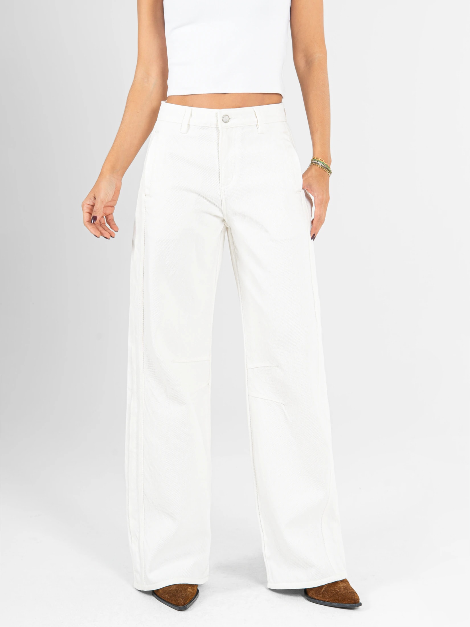 Ref: 0620640 Pantalón wide leg, rígido, tiro alto, con cortes, tono ivory - imagen 1