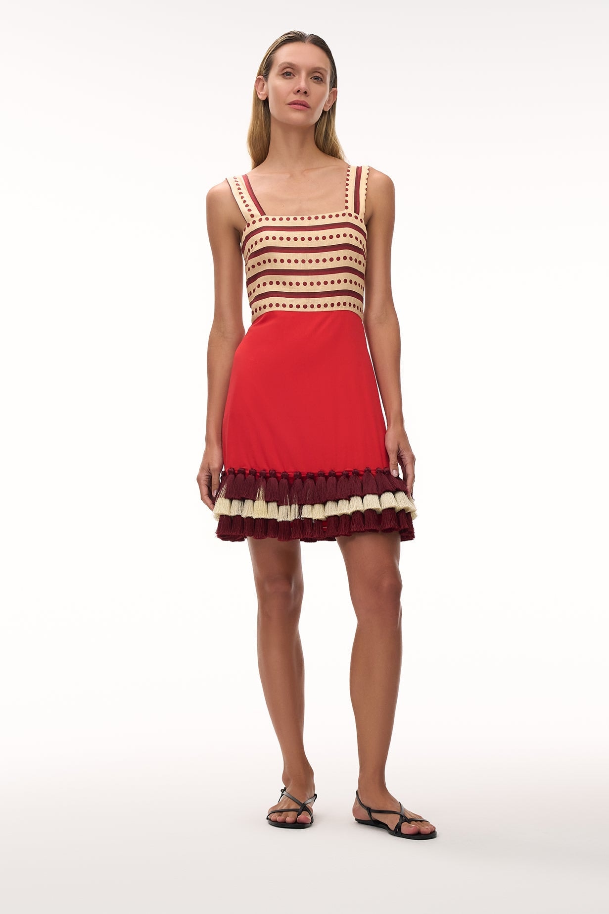 Micaela Linen Mini Dress / Red Stripes & Handmade Wine Tassels - imagen 1