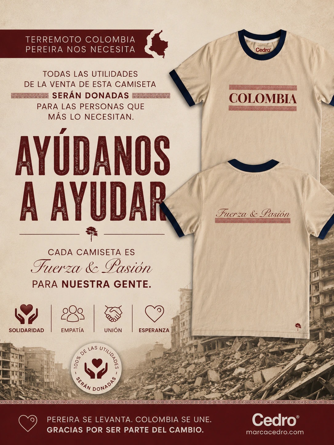 CAMISETA SOLIDARIA | COLOMBIA FUERZA & PASIÓN | AYÚDANOS A AYUDAR - imagen 1