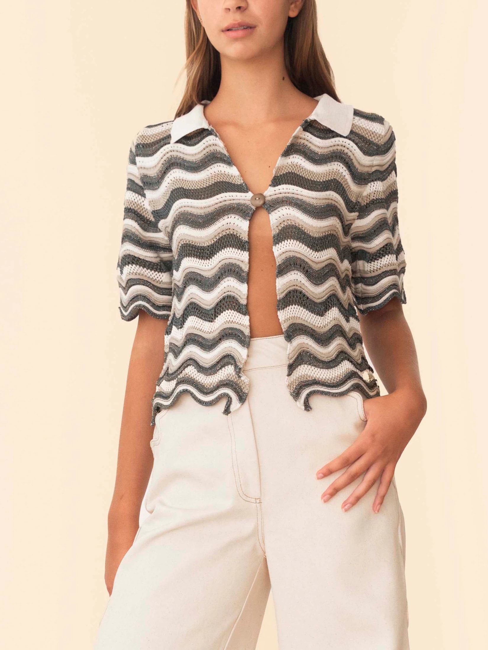 MARTINA TOP GREEN WITH BEIGE STRIPES - imagen 1