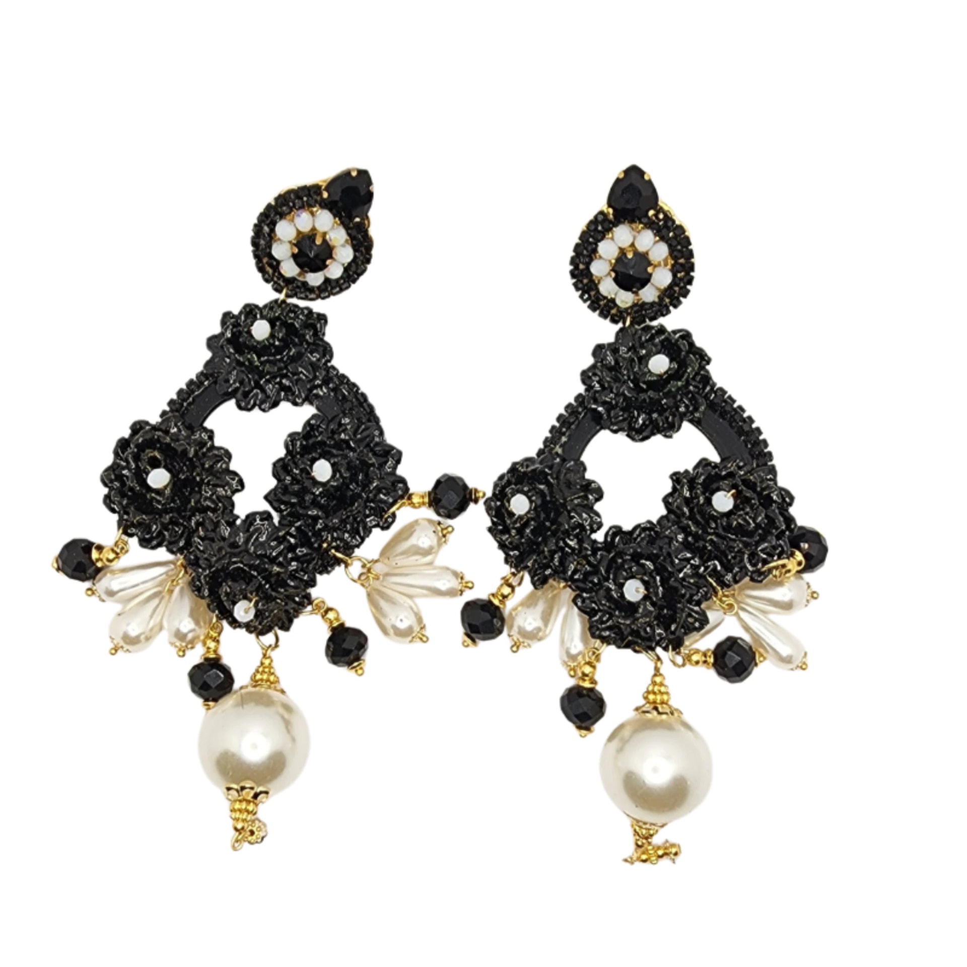 Fiber Circle Flowers & Pearl Earrings - imagen 1