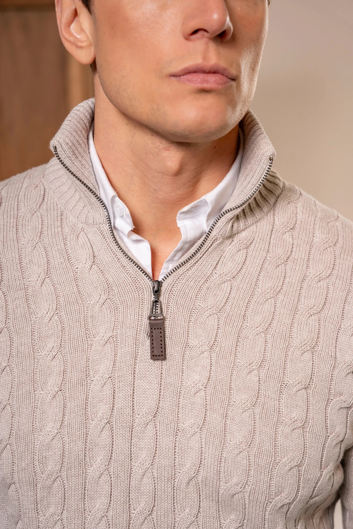 Suéter Halfzip Trenzado Hombre Arena - imagen 1