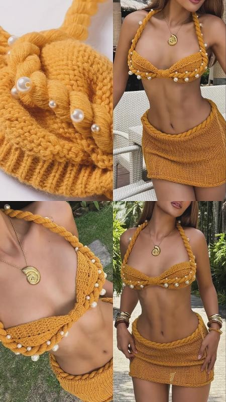 SET TEJIDO CON PERLAS MOSTAZA - imagen 1