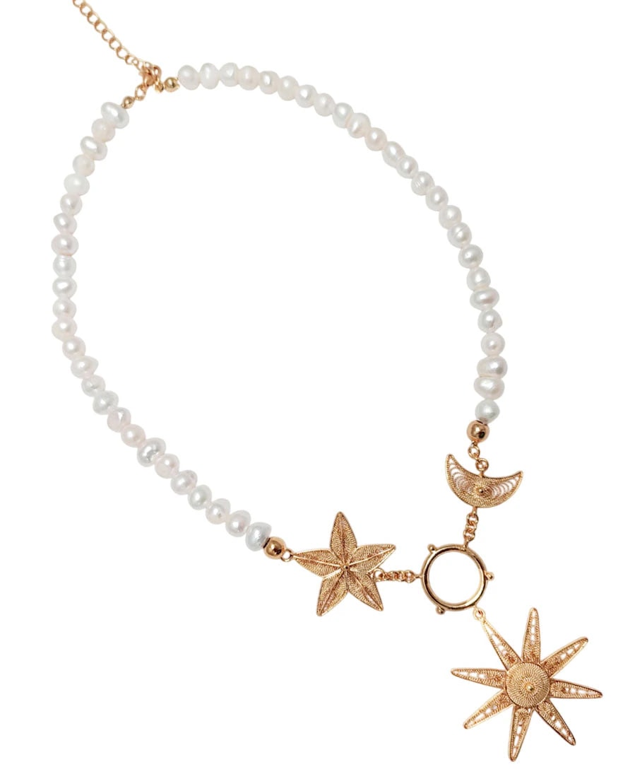 Collar Sol, Luna y Estrella con perlas - imagen 1
