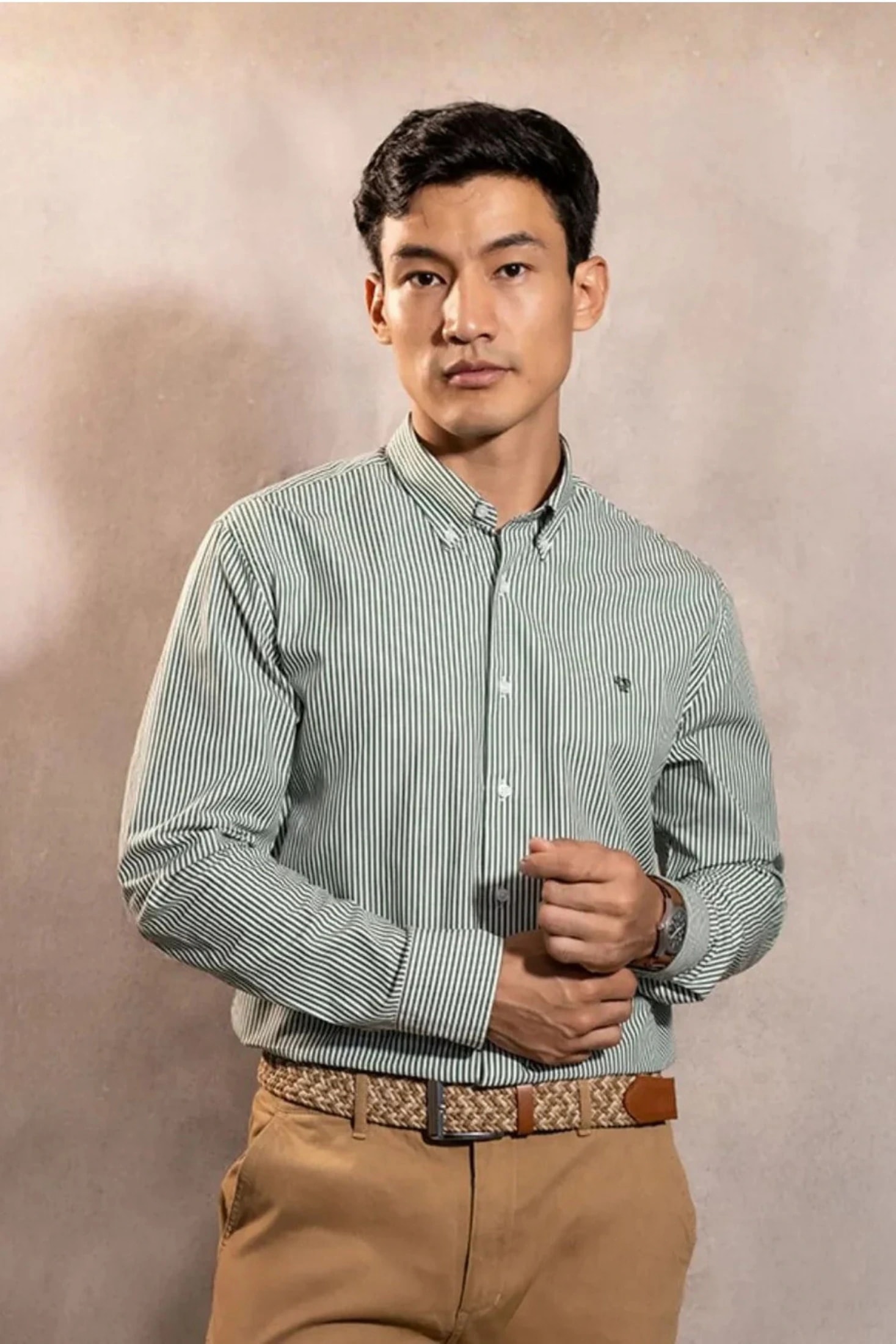 Camisa Antimanchas Popelina Rayas Verde Oscuro Logo Combinado - imagen 1