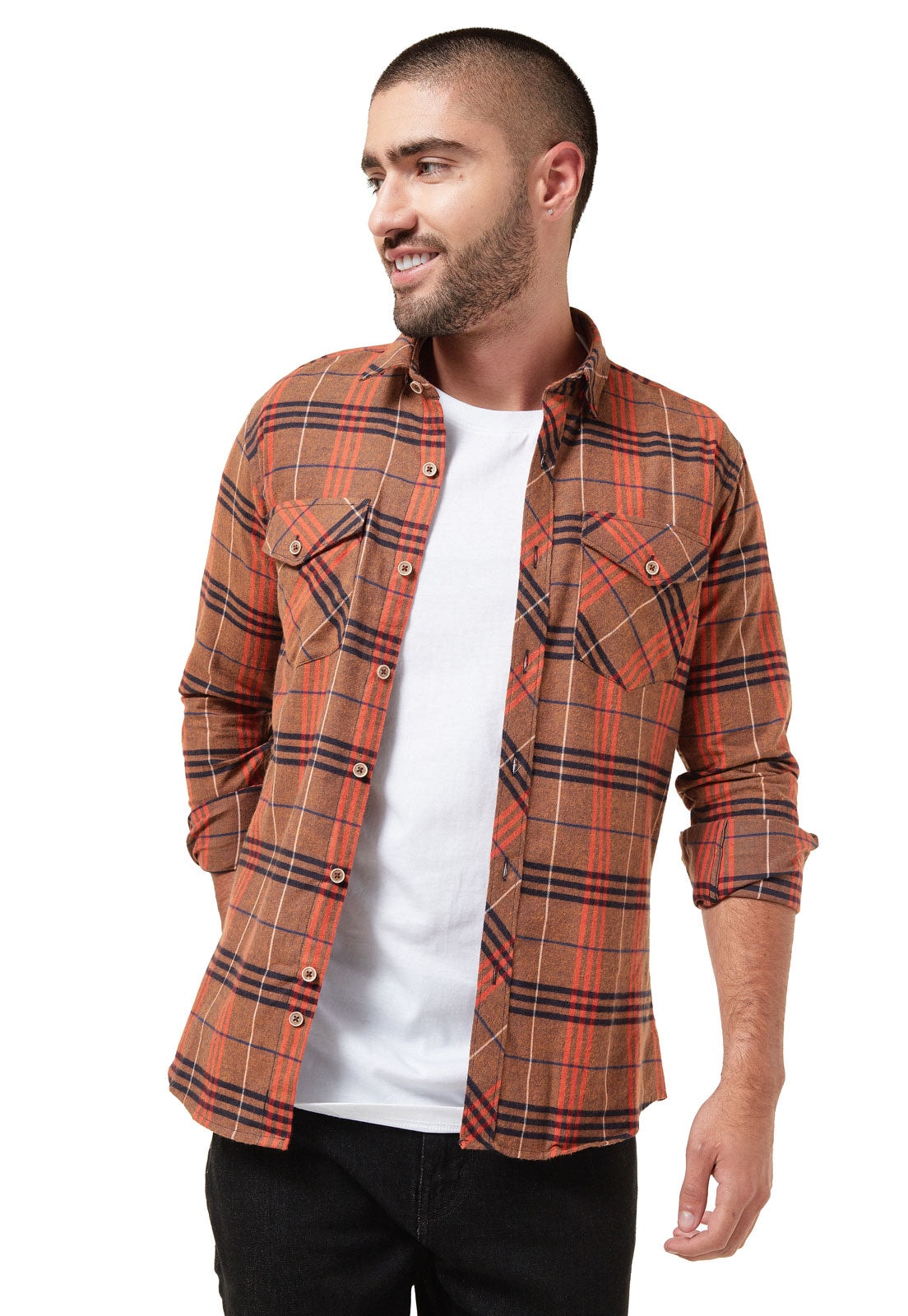 Camisa leñadora camel con naranja y negro doble bolsillo - imagen 1