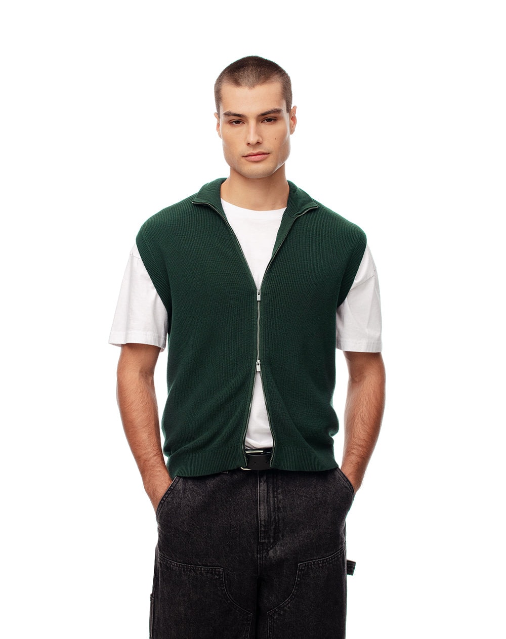 Chaleco regular tejido de punto algodón verde hombre - imagen 1