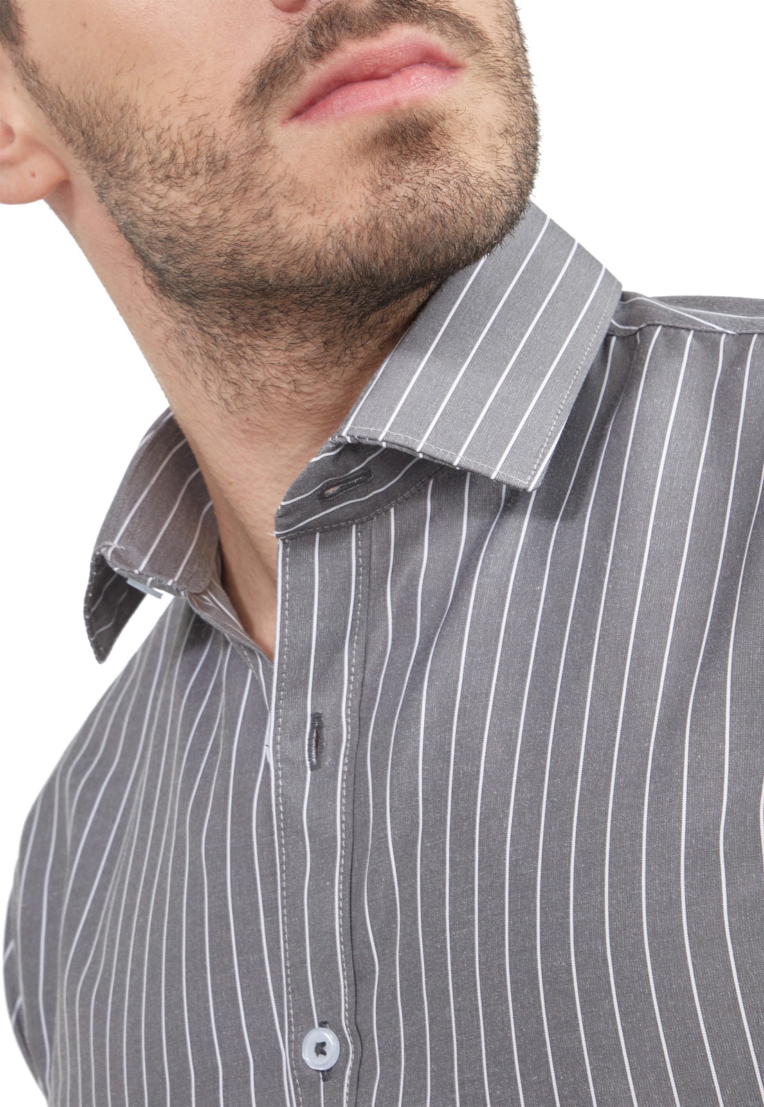 Camisa manga larga gris rayas finas blancas - imagen 1