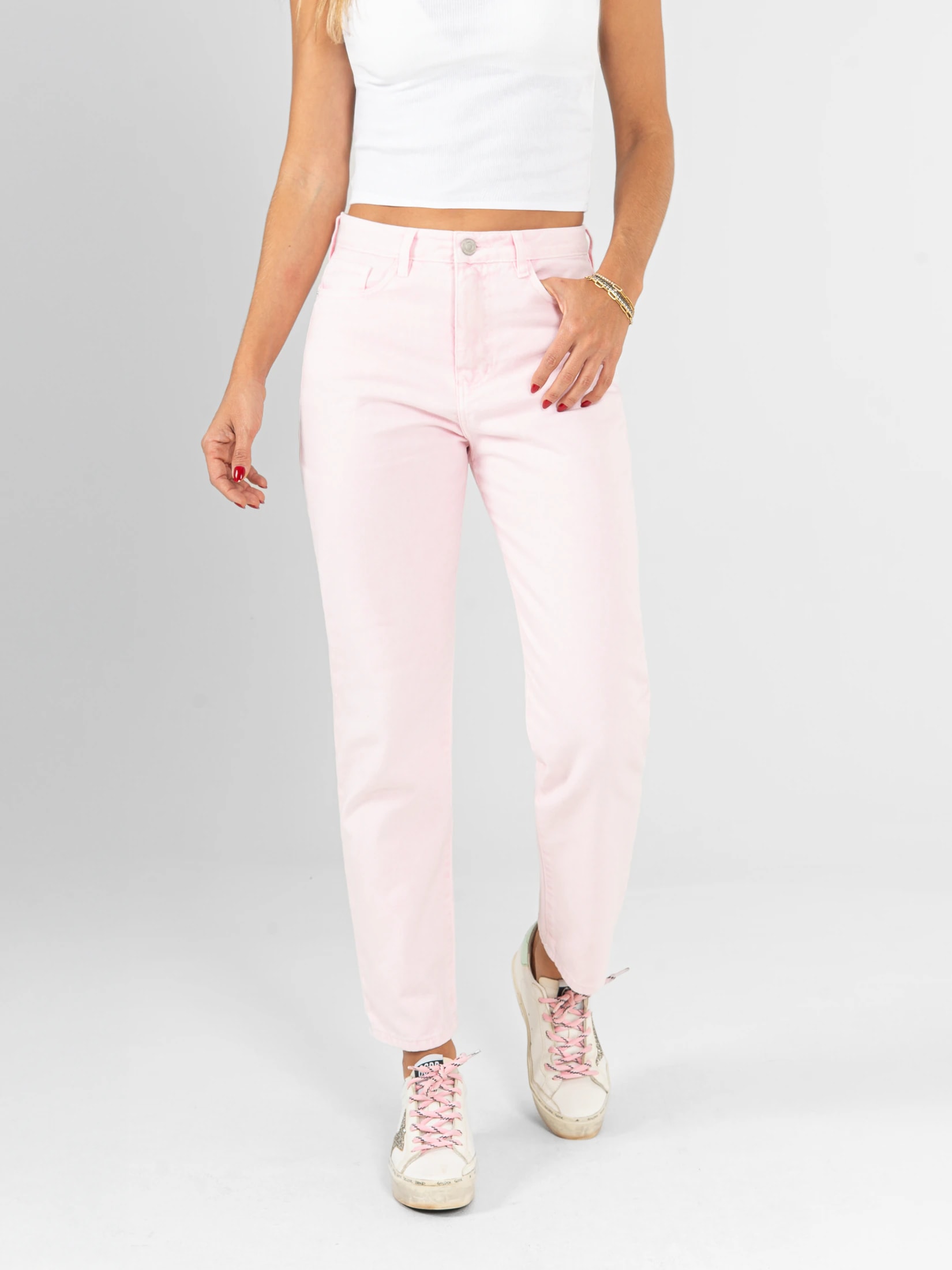Ref: 0620402 Pantalón Mom fit, slim cropped, rígido, tiro alto, tono rosa - imagen 1