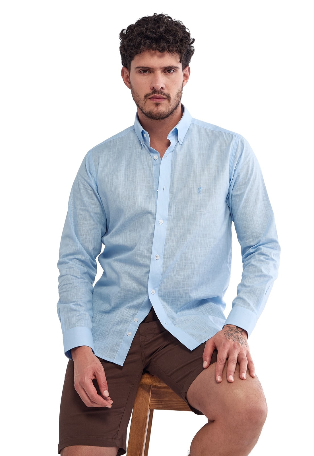 Camisa Manga Larga 100% Algodón tipo Lino Azul Claro - imagen 1