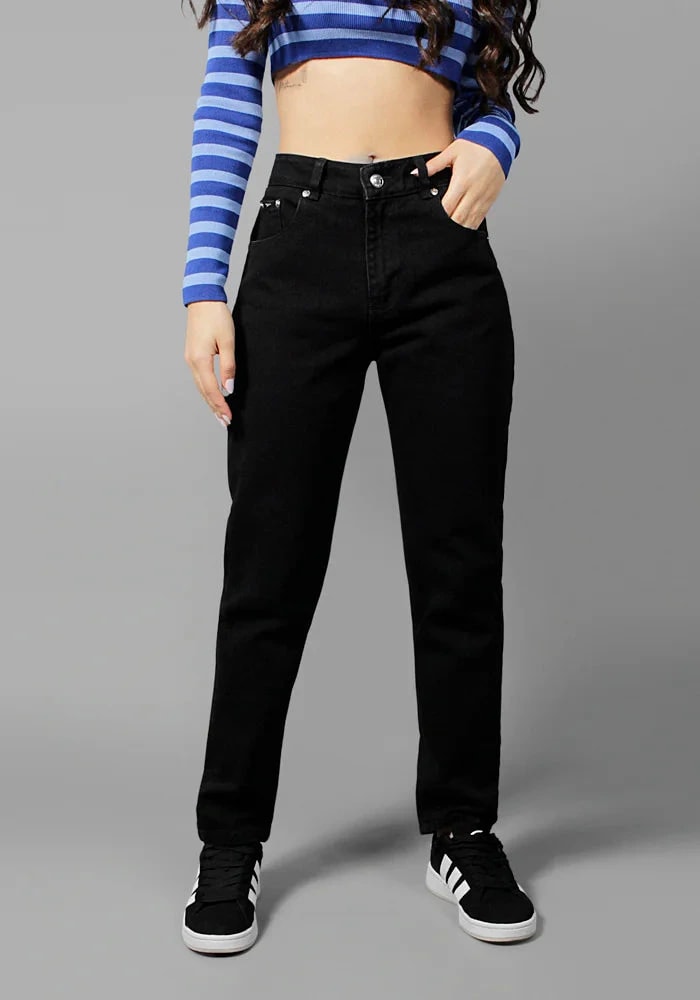 Jean Rigido Mom Fit Para Mujer Color Negro Mate - imagen 1