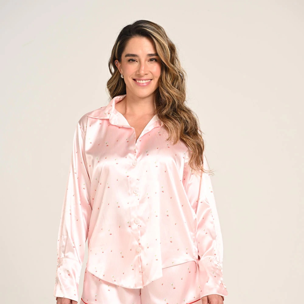 Camisa Pijama Manga Larga Satín Mujer Estampado Martinis. - imagen 1